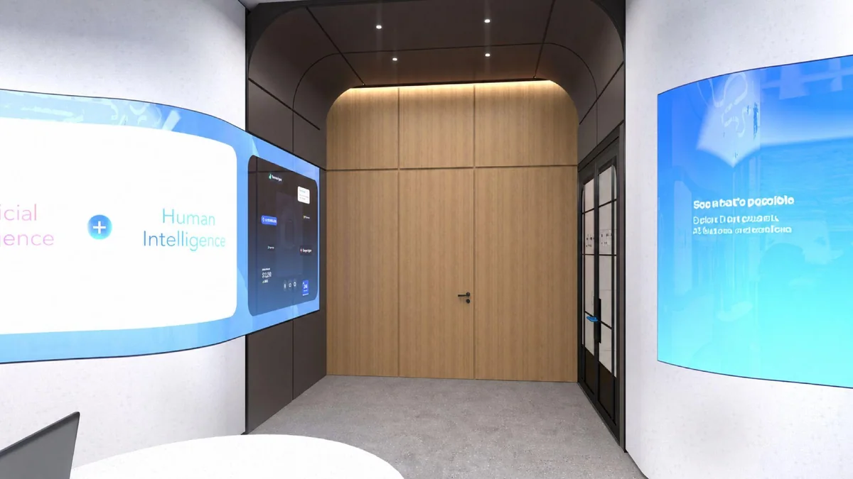 Rendering of a wood-paneled passage between curved screen walls