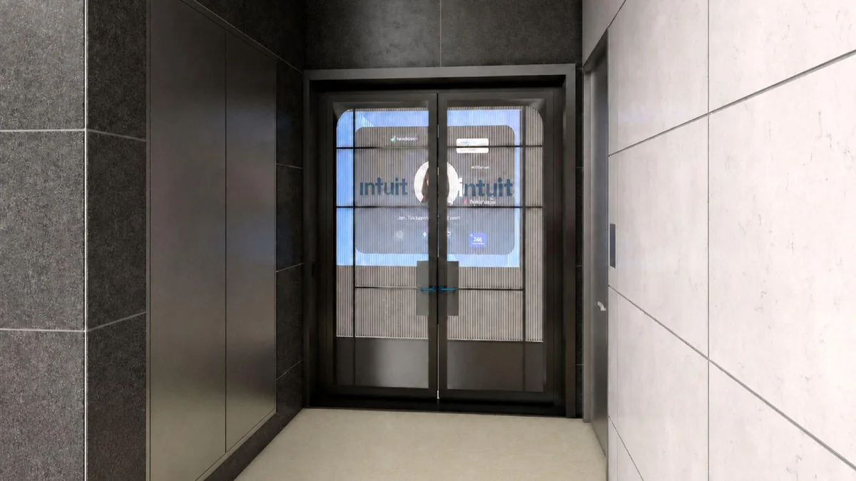 Rendering of the glass entry doors