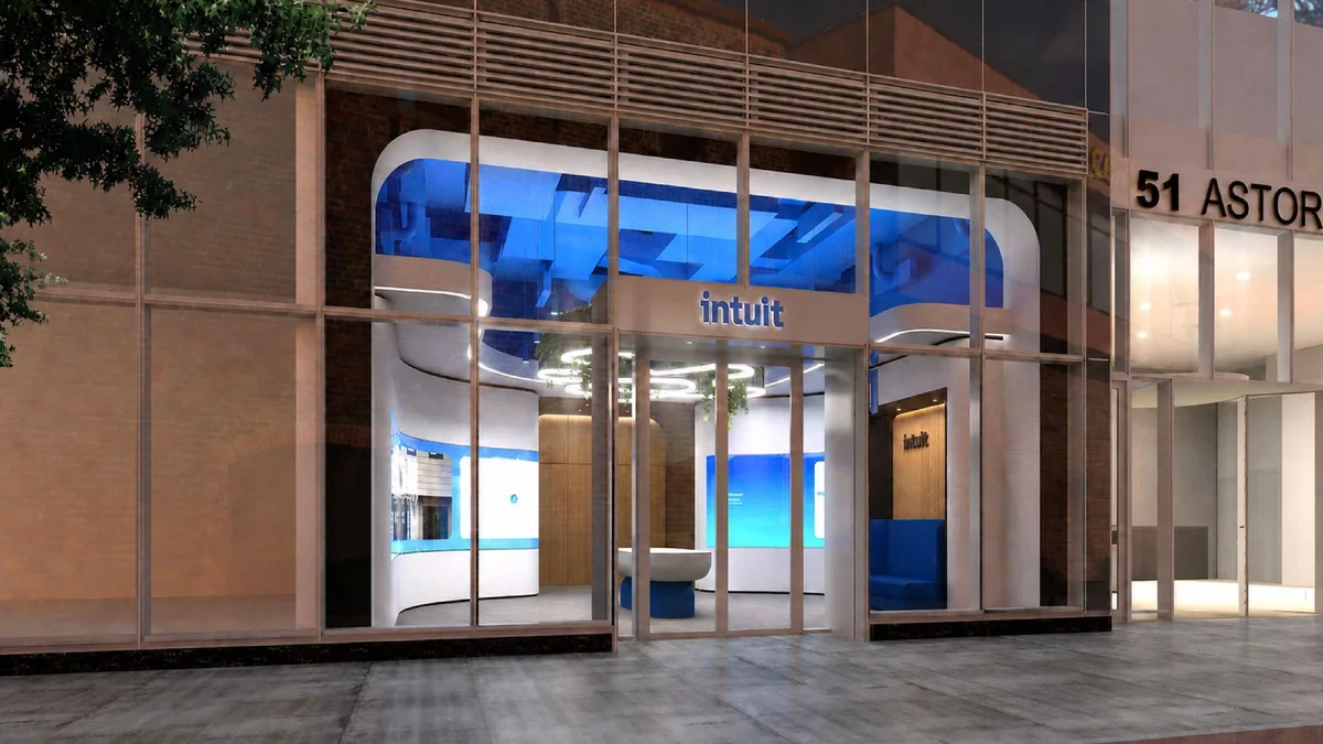 Rendering of the storefront entry glowing blue on a New York street