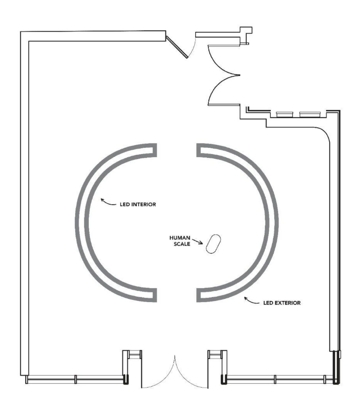 Sketch plan with a split ring of LED walls