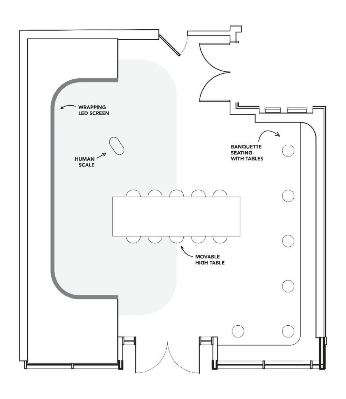 Sketch plan with a wrapping LED wall, high table and banquette seating