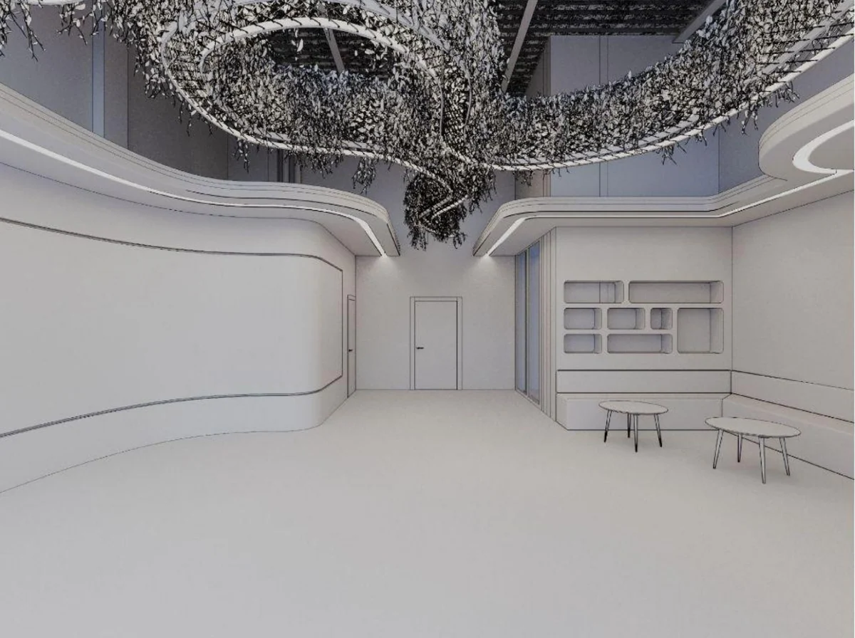 White-box render with a sculptural ceiling over the seating area