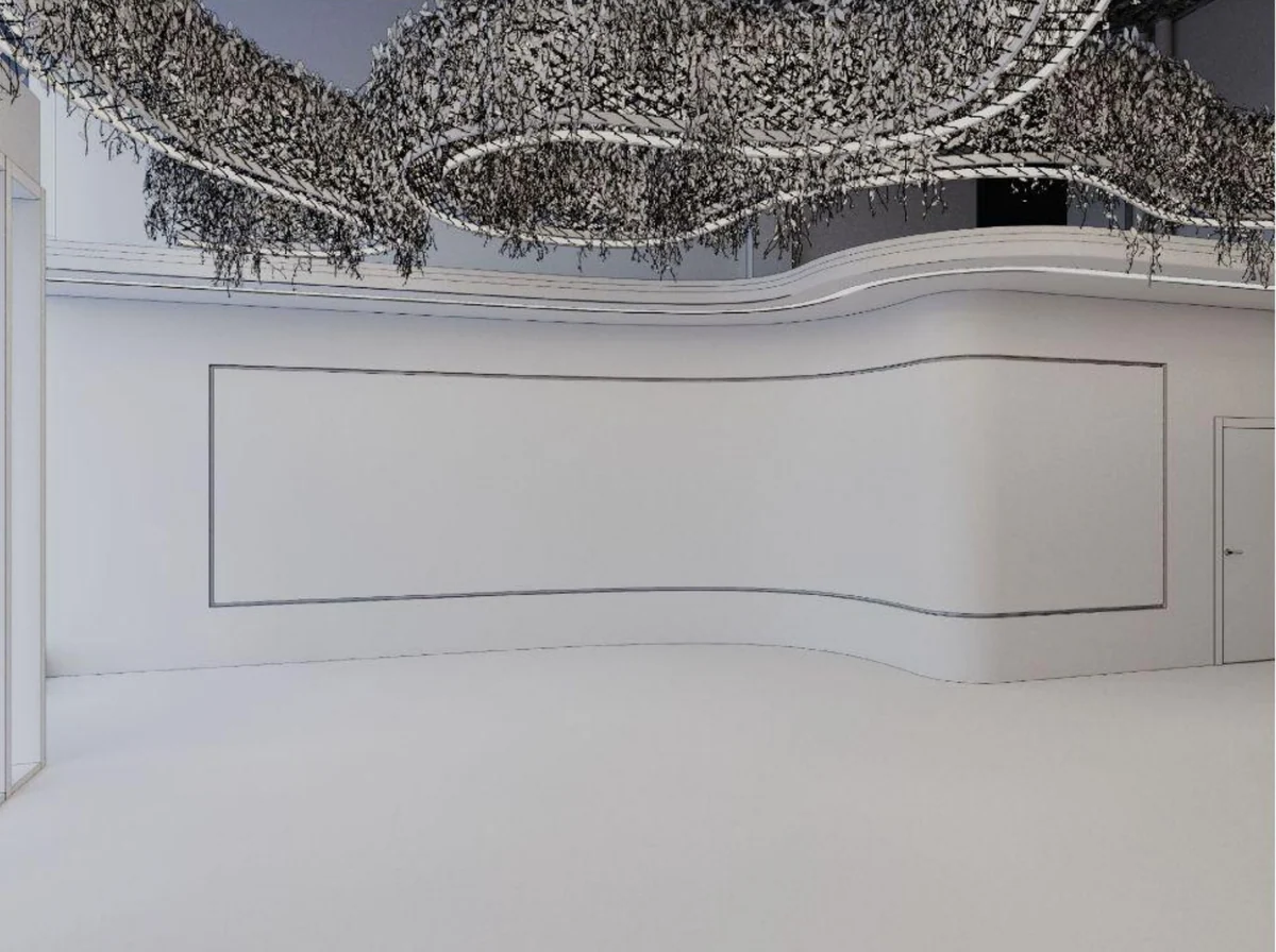 White-box render of a curved wall with an inset screen