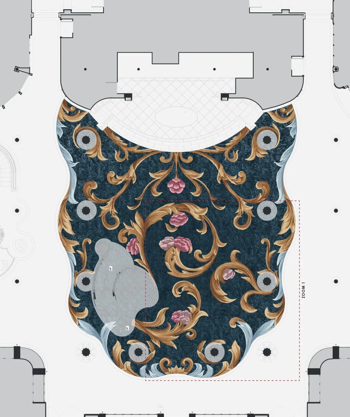 Disney Wish lobby carpet plan with gold flourishes on deep blue