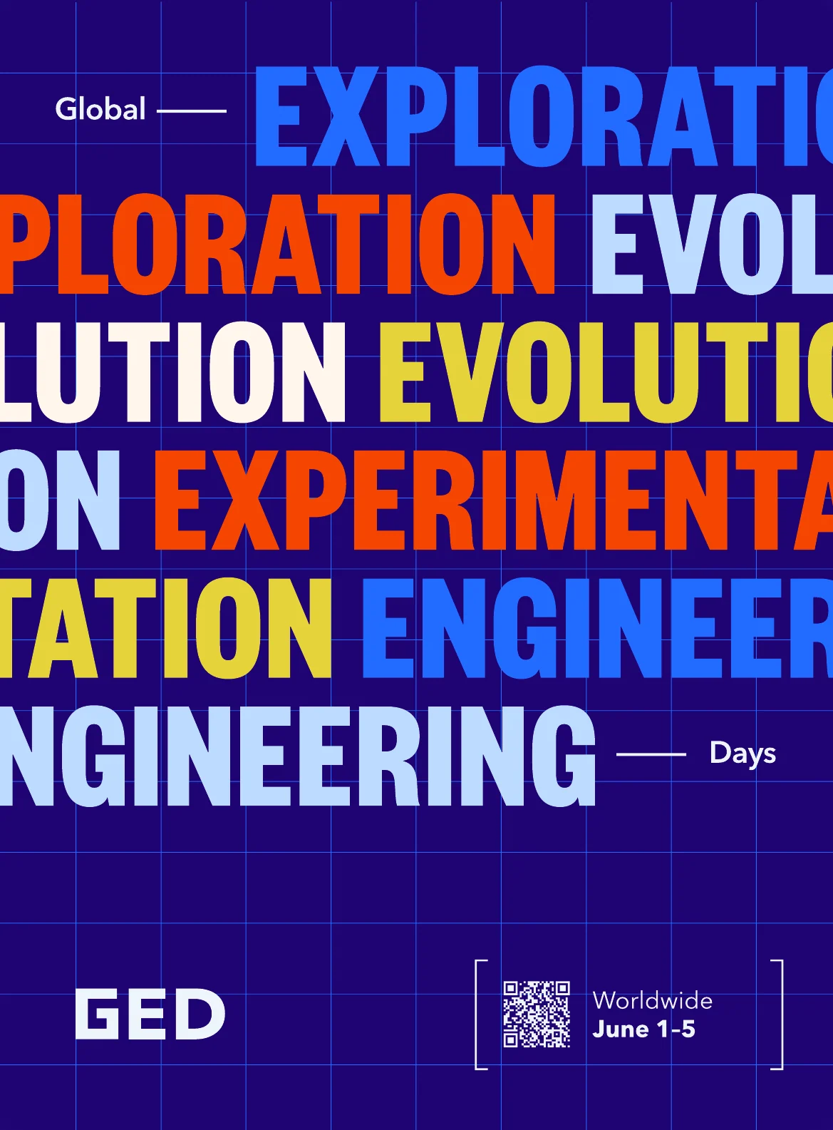 GED visual identity: Exploration type poster, builder portrait, event schedule and globe pattern