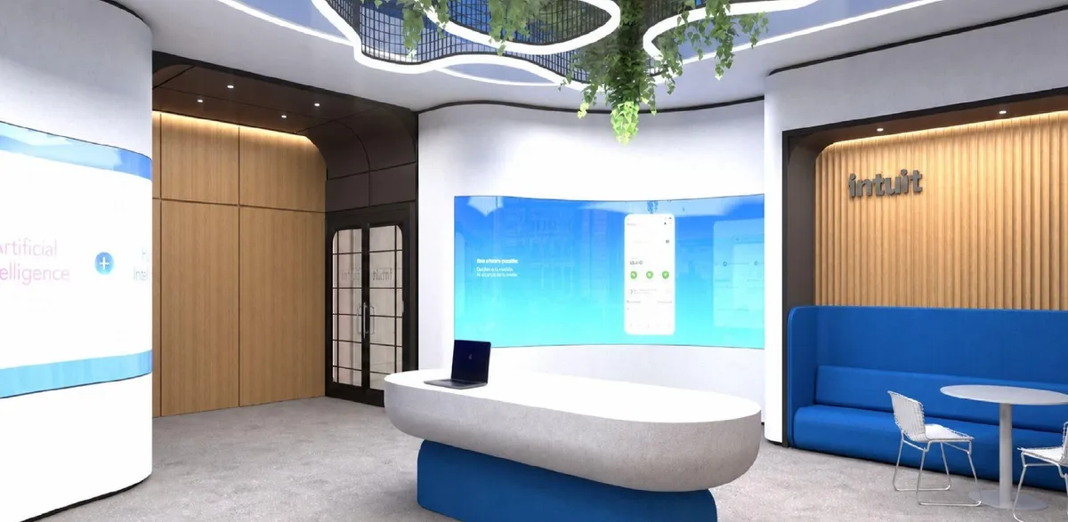 Rendering of a curved white reception desk with a blue banquette