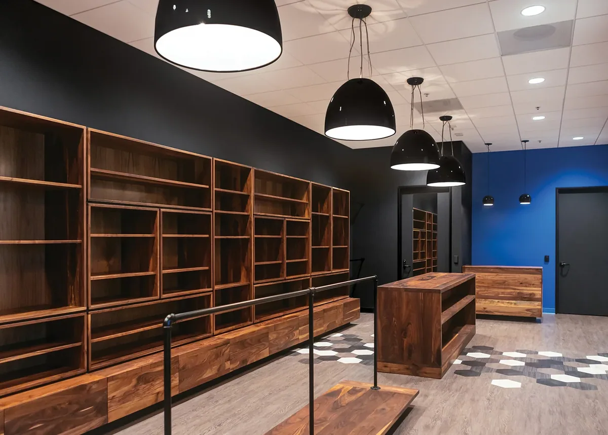 NetApp store with walnut shelving, black pendants and a blue accent wall