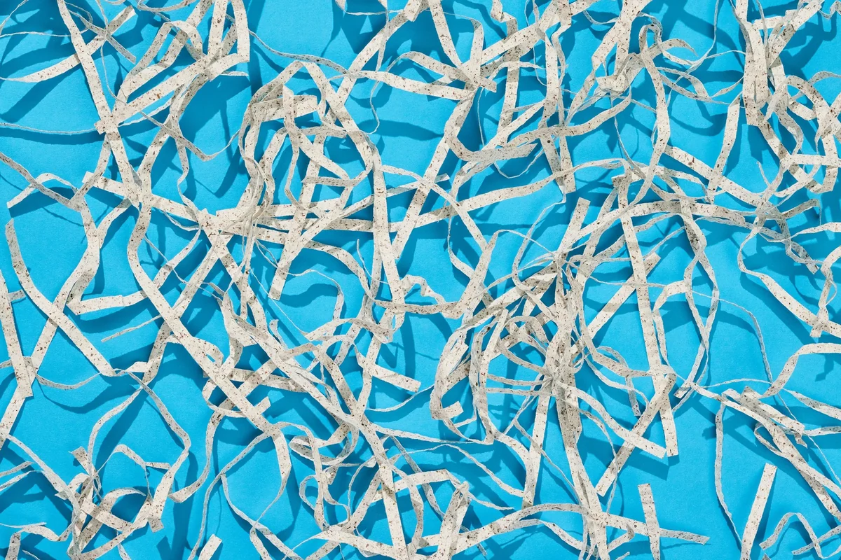 Shredded fill made from a seaweed byproduct on blue