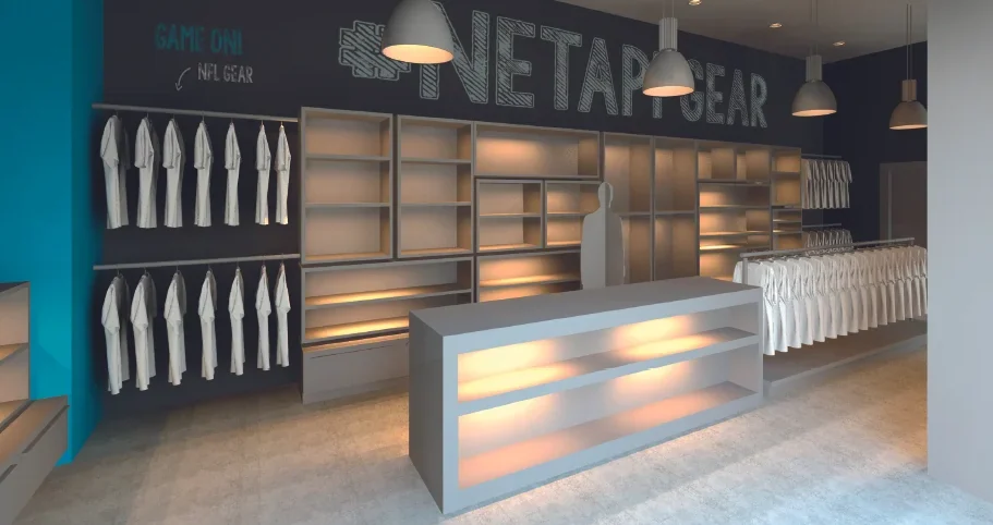 Early rendering of the store with walnut shelving and a lit counter