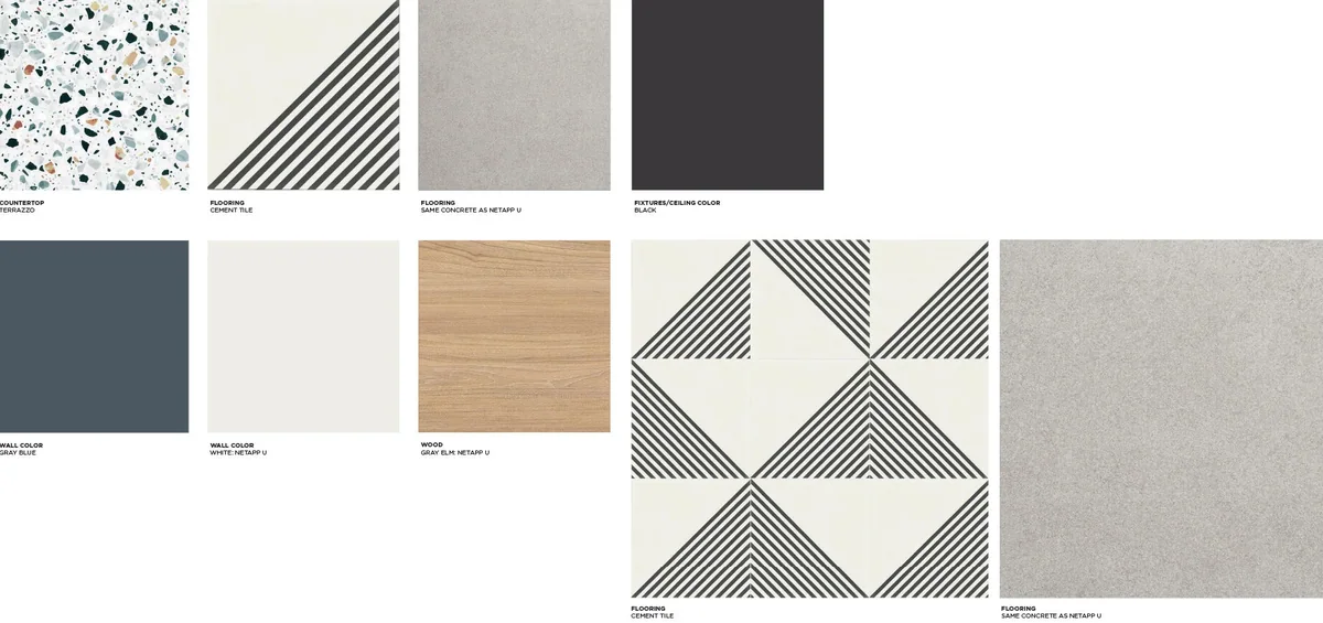 Store 2.0 materials: terrazzo, graphic cement tile, concrete and wood